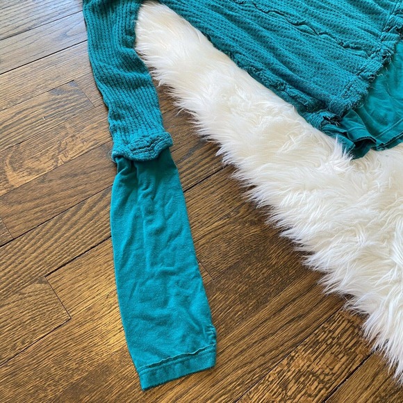 We The Free People Dark Teal Blue Heather Boho Ruffle Distressed Blouse Sz Large - Picture 4 of 9